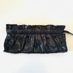 Express Black Faux Snakeskin Clutch Ruffle Top Shiny Evening Bag Soft Clutch